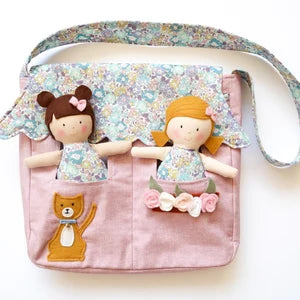 Hand sewn fabric dolls in doll house bag from RicRac sewing pattern