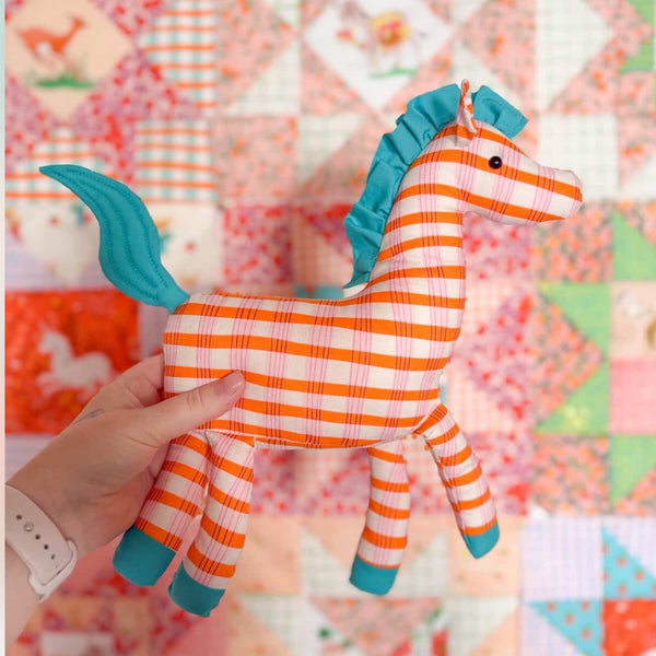 Hand made orange plaid horse soft toy from Jodie carleton sewing pattern Zorse