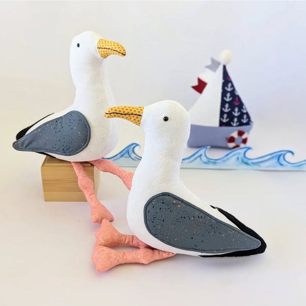 Hand sewn white and grey seagull soft toys from RicRac sewing pattern Gary and Glen