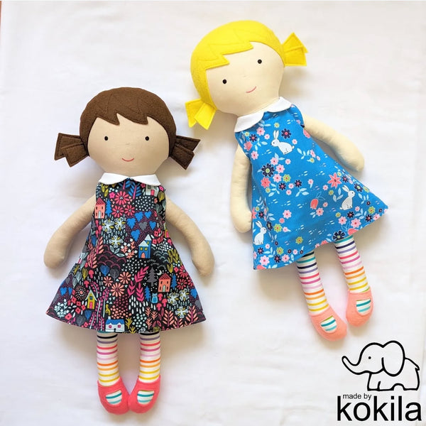 Handmade fabric dolls with patterned dresses from RicRac  Tilly sewing pattern