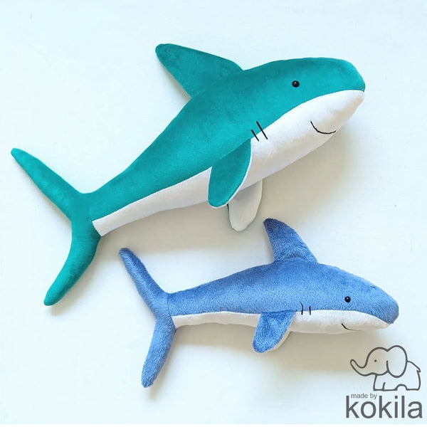 two plush shark toys from Jodie Carleton sewing pattern Shark tank