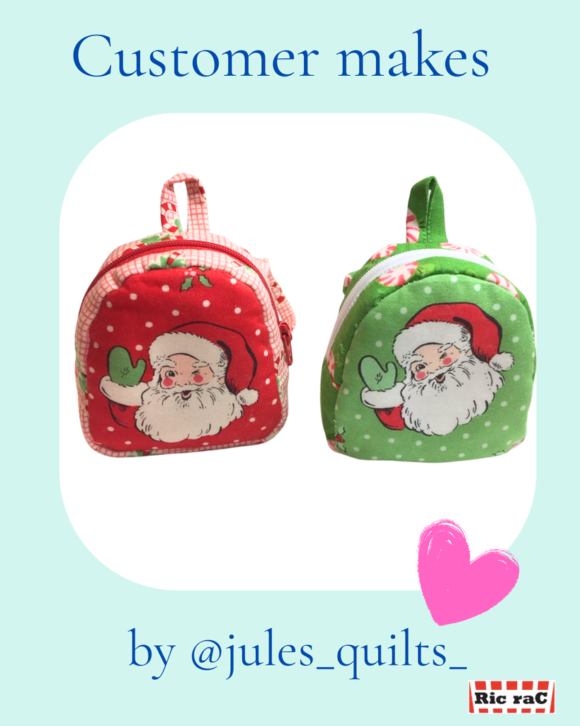 Bitty Backpacks | PDF Sewing Pattern for Mini Backpacks in festive Santa fabric by customer @jules_quilts_.