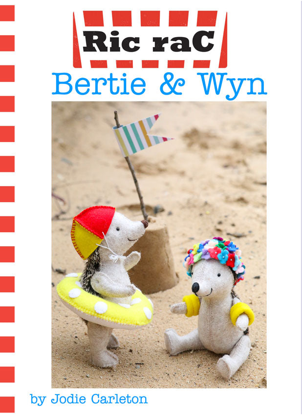 pattern cover of 'Ric rac Bertie & Wyn' by Jodie Carleton with two toy hedgehogs on a beach.
