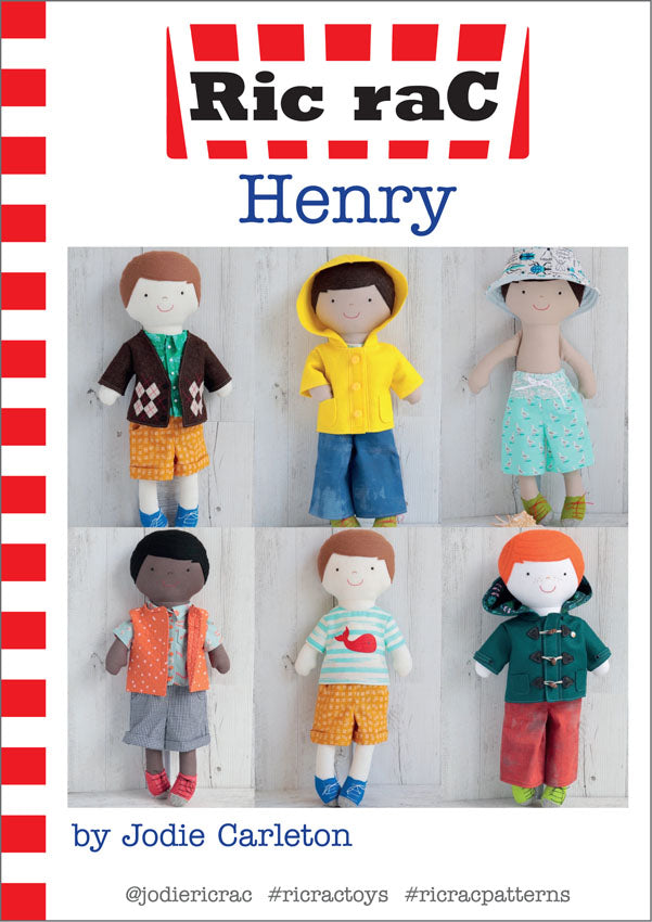 Cover of 'Ric raC Henry' with six dolls in different outfits on a white background.