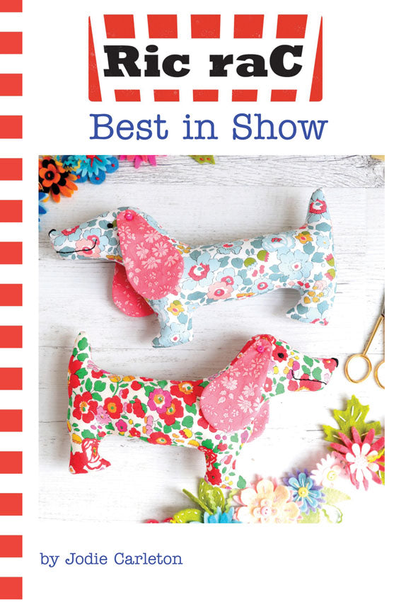 Pattern cover of 'Ric Rac Best in Show' with colorful dog-shaped craft items on a striped background.