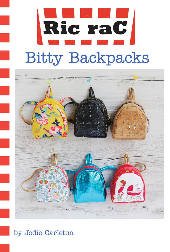 Bitty Backpacks | PDF Sewing Pattern for Mini Backpacks displayed in colorful designs, showcasing easy sewing patterns by Jodie Carleton.