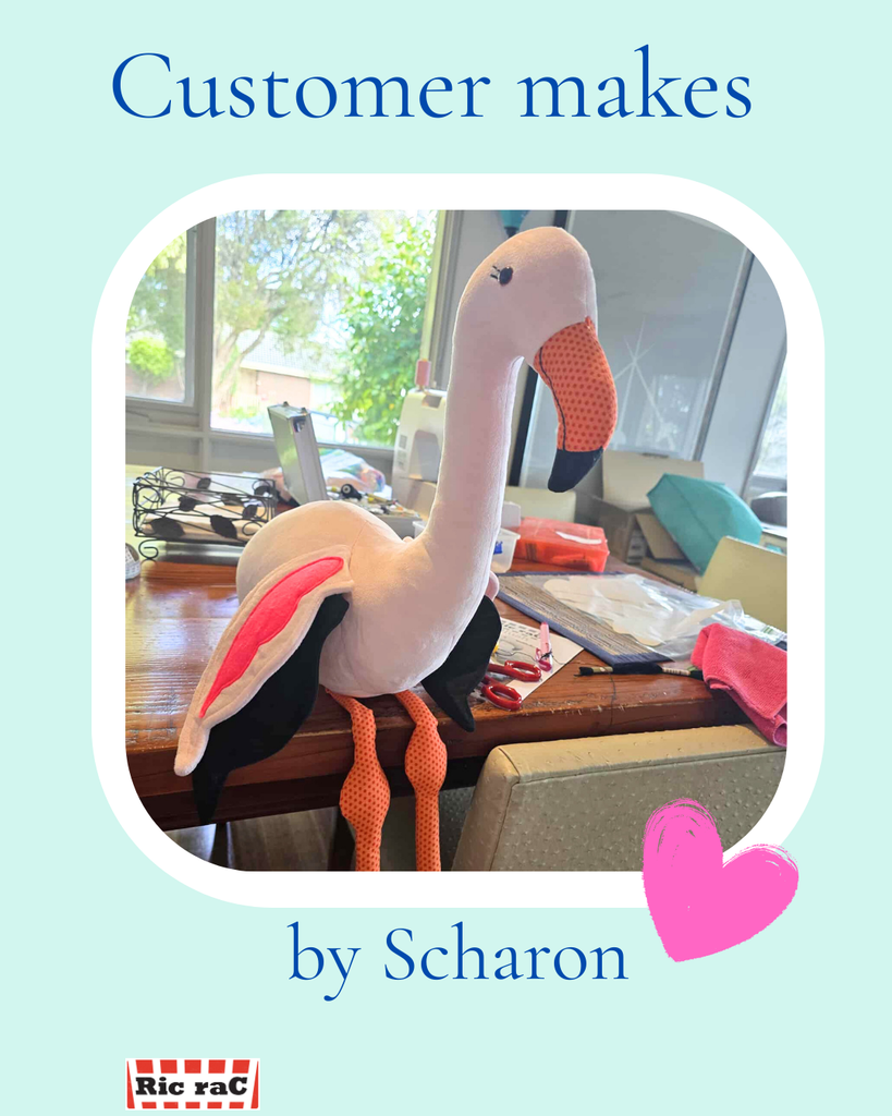Customer makes Blush the Flamingo Sewing Pattern | PDF Soft Toy Pattern by Scharon with colorful details.