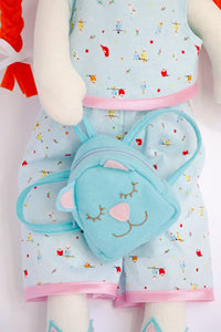 close up pf blue felt backpack with cat face and cat ears